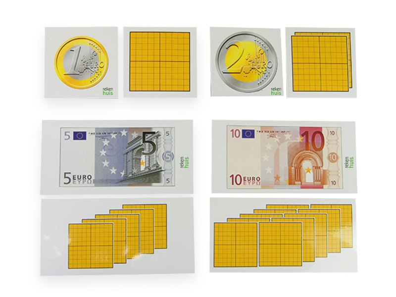euro-waarde-kaarten. Leren rekenen met geld. Geldbeelden