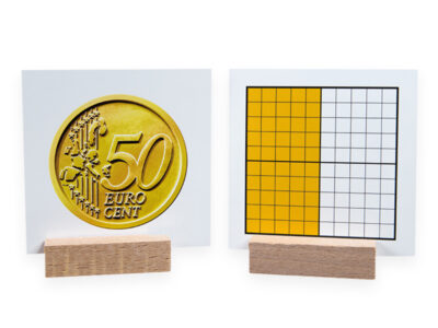 euro-waarde-kaarten. Leren rekenen met geld. kaartje met 50 eurocent munt en op de achterkant 50 gele blokjes op een 100 veld. Geldrekenen.